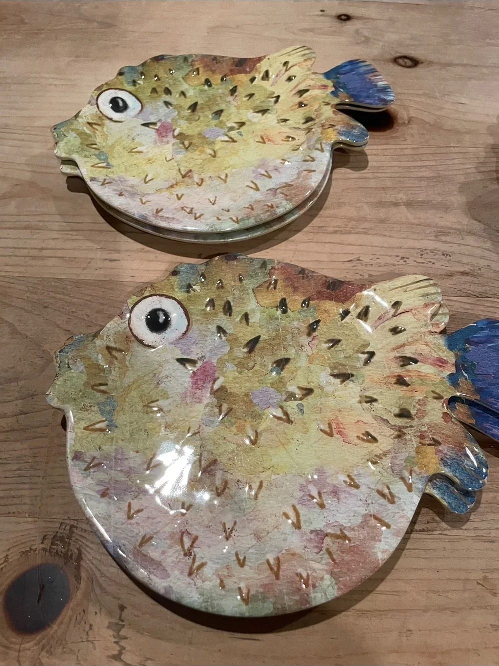 NWT Pier 1 set (10) Colorful puffer fish melamine plates appetizer salad sushi